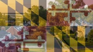 A suburban neighborhood street lined with large houses and mature trees, overlaid with a transparent image of the Maryland state flag. Two people are walking down the sidewalk in the distance.
