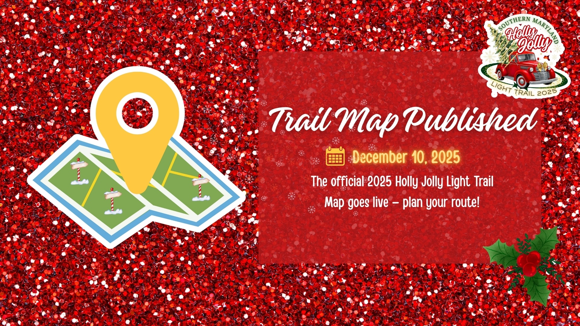 Official Holly Jolly Light Trail 2025 map showing participating homes and businesses.