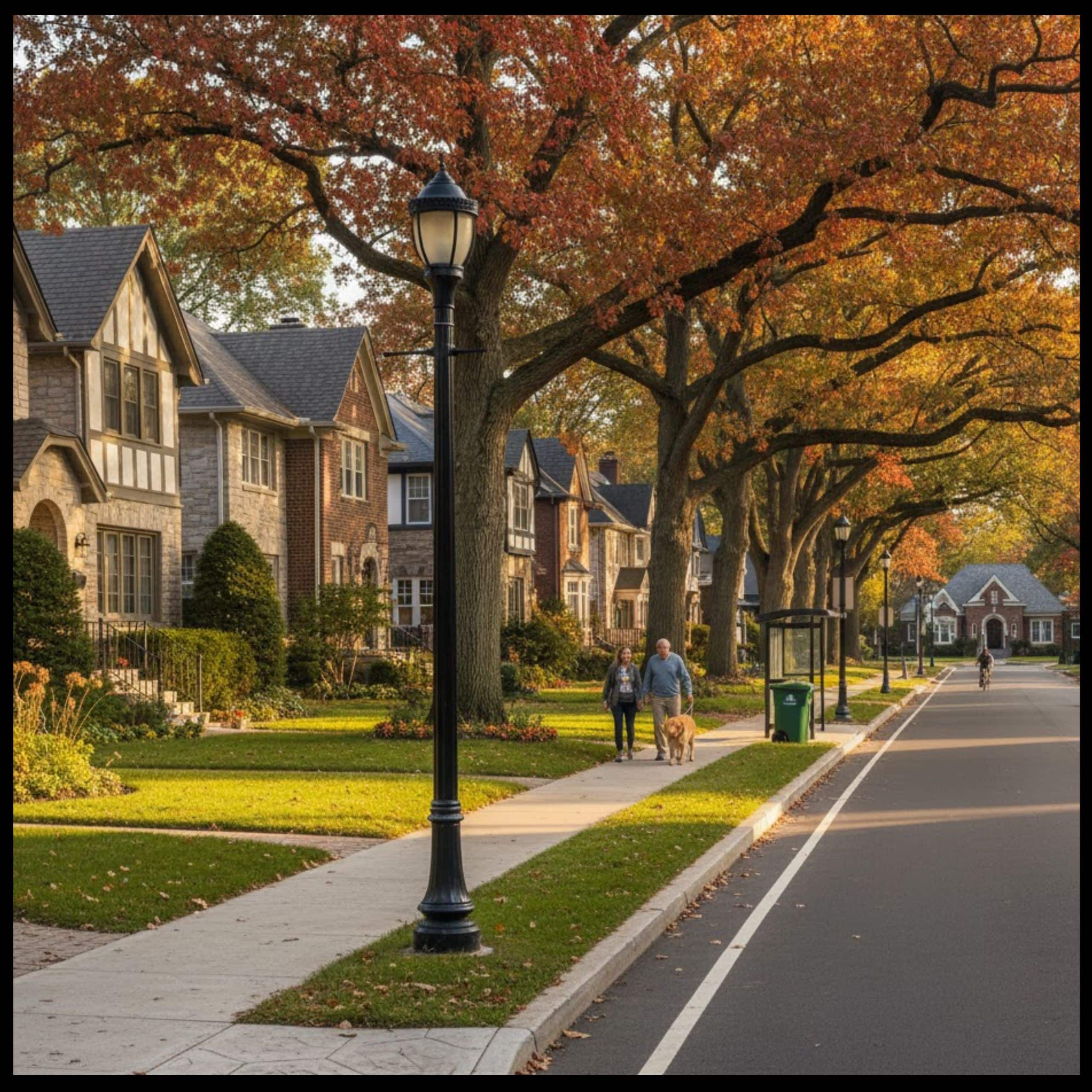 A well-kept suburban street in autumn, with mature trees, classic homes, sidewalks, and a couple walking their dog.